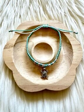 Handmade Sea Turtle Charm White and Mint Green Adjustable Braided Bracelet